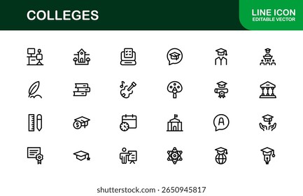 Colleges Education Institutions Professional Line Icon Collection - Um conjunto de vetor mínimo e moderno com símbolos com temas universitários e gráficos acadêmicos