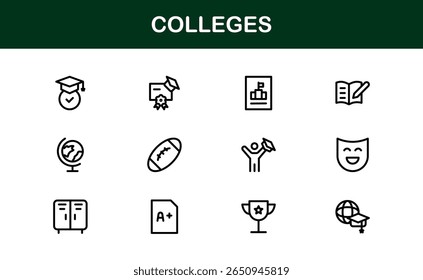 Colleges Education Institutions Professional Line Icon Collection - Um conjunto de vetor mínimo e moderno com símbolos com temas universitários e gráficos acadêmicos
