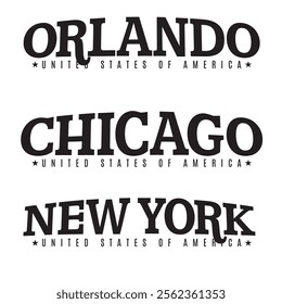 College-Style America City Names Vector. New York, Orlando and Chicago Tourism Souvenirs Prints. Visit USA. United States of America.