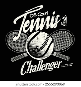 College-style tee shirt with tennis ball. tennis club girls. tennis racket. illustration for graphic tee. t shirt or sweatshirt poster use. Vintage sporty typography. tennis club t-shirt design