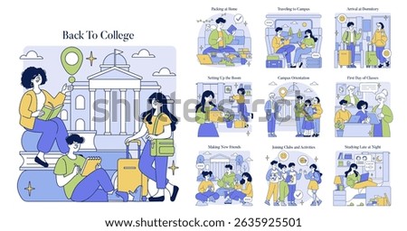 College-themed vector illustration depicting various stages of student life, including moving in, meeting new people, and studying. Shows vibrant campus activities and emotions.