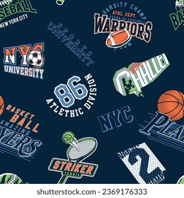 Collegiate athletic sports seamless pattern