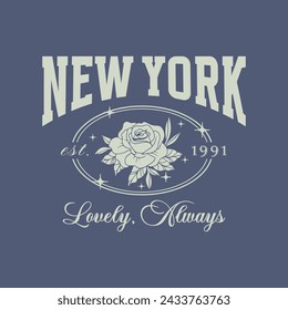 Tipografía de eslóganes universitarios de Nueva York y diseño retro de rosas. Camiseta con estampado de eslogan de Varsity, impresión de ropa deportiva. Gráficos antiguos