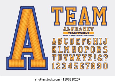 A collegiate or sports styled alphabet font. This lettering has a 3d embroidered thread effect