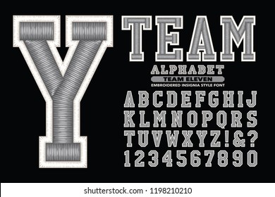 A collegiate or sports styled alphabet font. This lettering has a 3d embroidered thread effect