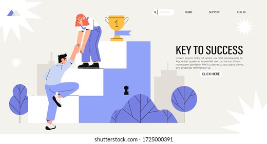 Collegues or business partners climb steps leading to success in business. Concept of career or corporate ladder,  startup success, leadership, teamwork or teambulding for web banner or page, ui.