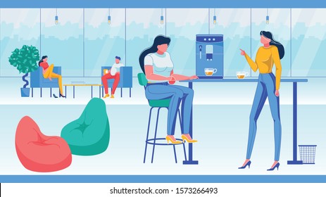 Collegues Having Coffee Break or Rest at Room Flat Cartoon Vector Illustration. Two Women Sitting at Table with Coffee Machine and Glass Cups. Collegues Sitting at Armchairs and Drinking.