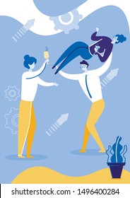 Collegues Having Party Flat Cartoon Vector Illustration. Woman Drinking Cocktail in Glass. Man Holding Girl on Hands. Happy People Celebrating Company Success Together. Relax on Weekend.