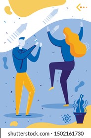 Collegues Having Party Flat Cartoon Vector Illustration. Woman Dancing, Man Office Worker Drinking Cocktail in Glass. Happy People Celebrating Important Event. Joyful Emotions, Company Success.
