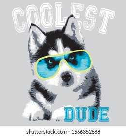 collest dude husky puppy with transparent glasses handwriten vector illustration on grey background