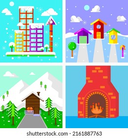 colletion of winter building illustration. town, house, forest and fireplace. with flat, colorful and cheerful style. suitable for greeting card, wallpaper or decoration