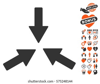 Collide 3 Arrows icon with bonus amour clip art. Vector illustration style is flat rounded iconic orange and gray symbols on white background.