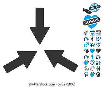 Collide 3 Arrows icon with bonus amour pictograms. Vector illustration style is flat rounded iconic blue and gray symbols on white background.