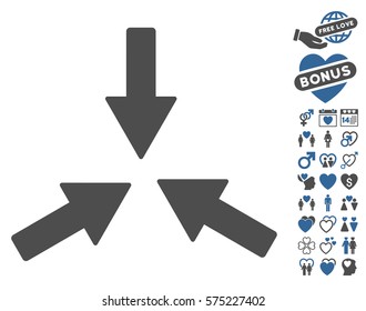 Collide 3 Arrows pictograph with bonus valentine pictograms. Vector illustration style is flat rounded iconic cobalt and gray symbols on white background.