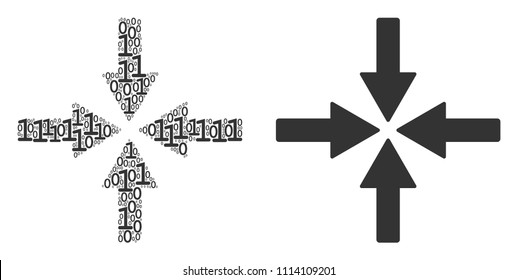 Collide arrows composition icon of binary digits in various sizes. Vector digit symbols are arranged into collide arrows illustration design concept.