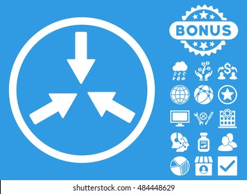 Collide Arrows icon with bonus images. Vector illustration style is flat iconic symbols, white color, blue background.