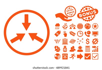 Collide Arrows icon with bonus images. Vector illustration style is flat iconic symbols, orange color, white background.