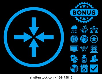 Collide Arrows icon with bonus pictogram. Vector illustration style is flat iconic symbols, blue color, black background.
