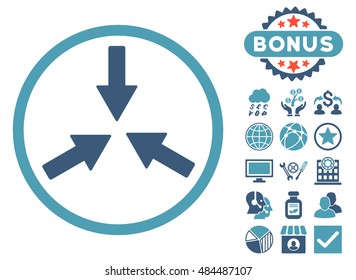 Collide Arrows icon with bonus pictogram. Vector illustration style is flat iconic bicolor symbols, cyan and blue colors, white background.
