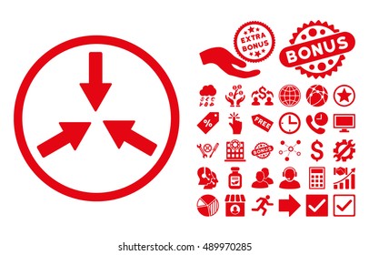 Collide Arrows icon with bonus pictogram. Vector illustration style is flat iconic symbols, red color, white background.