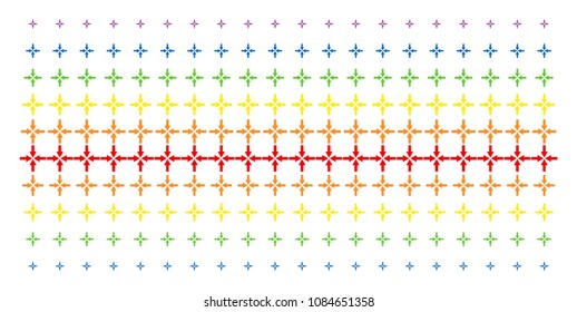 Collide Arrows icon spectral halftone pattern. Vector symbols organized into halftone grid with vertical rainbow colors gradient. Designed for backgrounds, covers,