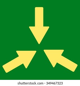 Collide Arrows vector icon. Style is flat symbol, yellow color, rounded angles, green background.