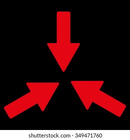 Collide Arrows vector icon. Style is flat symbol, red color, rounded angles, black background.