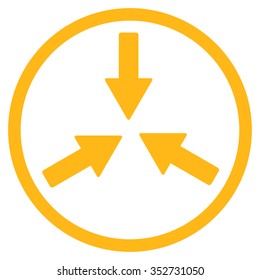 Collide Arrows vector icon. Style is flat circled symbol, yellow color, rounded angles, white background.