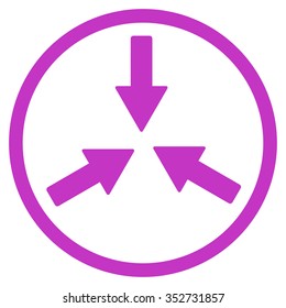 Collide Arrows vector icon. Style is flat circled symbol, violet color, rounded angles, white background.