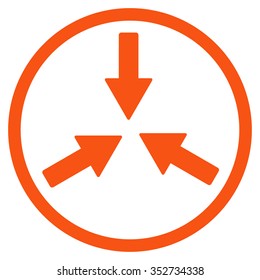 Collide Arrows vector icon. Style is flat circled symbol, orange color, rounded angles, white background.
