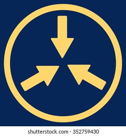 Collide Arrows vector icon. Style is flat circled symbol, yellow color, rounded angles, blue background.
