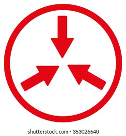 Collide Arrows vector icon. Style is flat circled symbol, red color, rounded angles, white background.