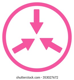 Collide Arrows vector icon. Style is flat circled symbol, pink color, rounded angles, white background.