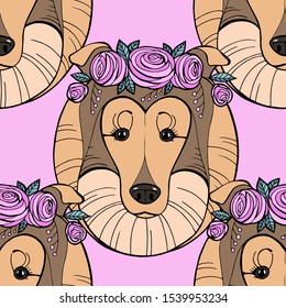 Collie dog with flower wreath seamless pattern. Vector illustration.