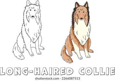 Collie dog sitting illustration. Cute cartoon outline image for sticker, children coloring book