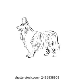 A collie dog in a top hat. Side profile dog drawn by hand in a sketch style. Line drawing.