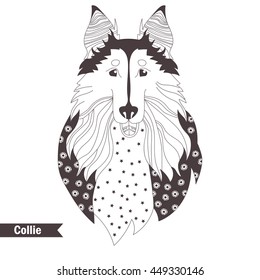 Collie. Zentangle style. Coloring book for adult, antistress coloring pages. Hand drawn vector isolated illustration on white background. Henna mehendi, tattoo sketch