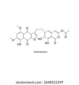 Estrutura esquelética da collinomicina. Ilustração esquemática do composto antibiótico. Diagrama simples, fórmula química.