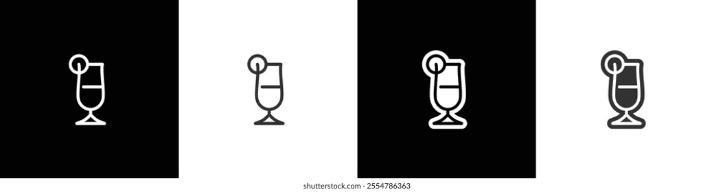 Collins glass icons. Classic alcoholic cocktail and cocktail glass thin line and flat icon. Cocktail glass vector illustration symbols in black white and transparent background.