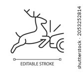 Collision with animals linear icon. Colliding with wildlife and livestock in roadway. Thin line customizable illustration. Contour symbol. Vector isolated outline drawing. Editable stroke