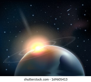 Collision of an asteroid with planet - vector