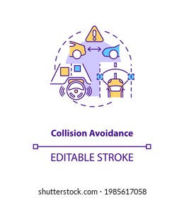 Collision avoidance concept icon. Cyber-physical system usage idea thin line illustration. Collision-avoidance controller. Automatic braking. Vector isolated outline RGB color drawing. Editable stroke