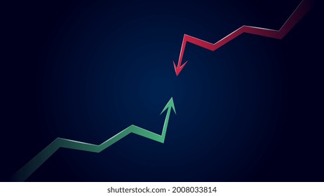 Collision of bullish trend against bearish one with green up arrow and red down arrow on dark blue background. Vector illustration.