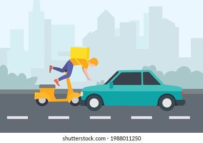 Collision of a car and a moped on the road.  Accident on the highway, violation of traffic rules.  Accident, a man on a scooter overturned.  Dangerous situation on a city road.  Vector illustration