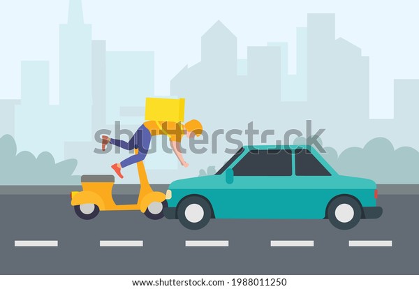 Collision of a car and a moped on the road. 
Accident on the highway, violation of traffic rules.  Accident, a
man on a scooter overturned.  Dangerous situation on a city road. 
Vector illustration