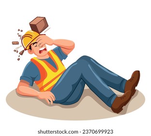 Collision with falling brick, Vector illustration, Safety and accident, Industrial safety cartoon.