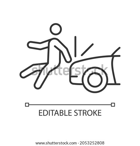 Collision involving pedestrian linear icon. Hitting walker by car. Hit-and-run accident. Thin line customizable illustration. Contour symbol. Vector isolated outline drawing. Editable stroke