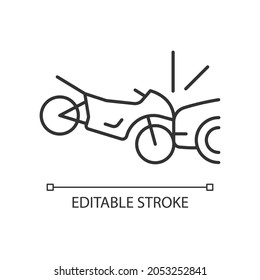 Collision with motorcycle linear icon. Dangerous situation for motorcyclist. Car accident. Thin line customizable illustration. Contour symbol. Vector isolated outline drawing. Editable stroke