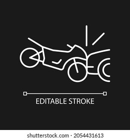 Collision with motorcycle white linear icon for dark theme. Dangerous situation for motorcyclist. Thin line customizable illustration. Isolated vector contour symbol for night mode. Editable stroke