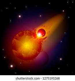 collision of planets. The explosion of the planet. Armageddon in outer space on a distant planet